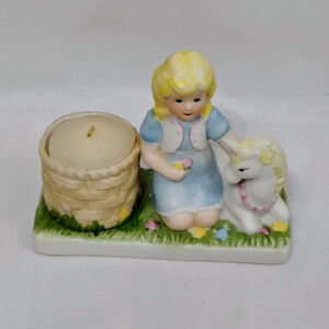 Vintage 80s Porcelain Bisque Pastel Girl‎ with Unicorn Candle Made in Taiwan